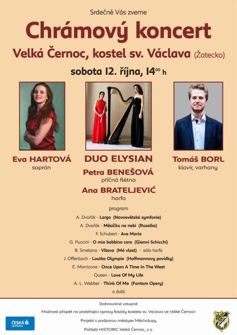 Varhany, harfa, flétna a zpěv v černockém kostele